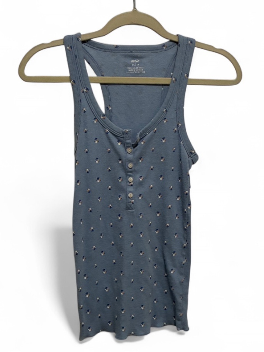 Aerie Blue Floral Ribbed Henley Tank Top